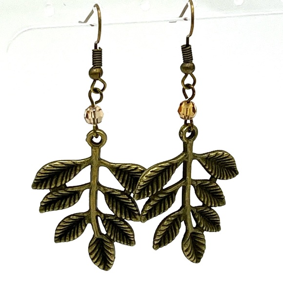 Hand Crafted Jewelry - HAND CRAFTED Bronze Leaf Boho Chunky Earrings with Gold Crystal